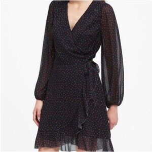 Banana Republic Black Chiffon Heart Print Ruffle Wrap Dress Long Sleeve Size 16